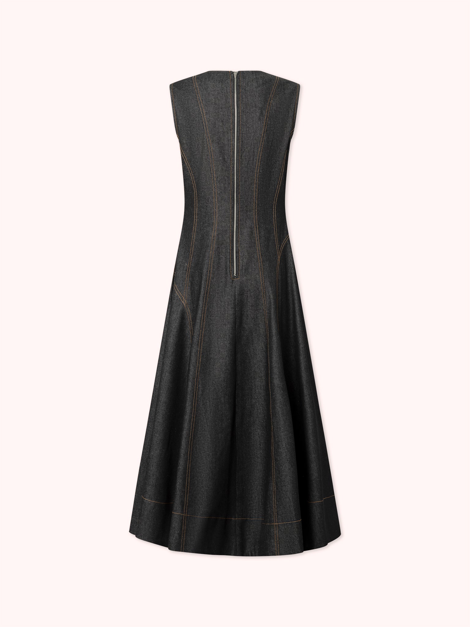 VESTIDO MIDI DENIM CON COSTURAS VISTAS NEGRO