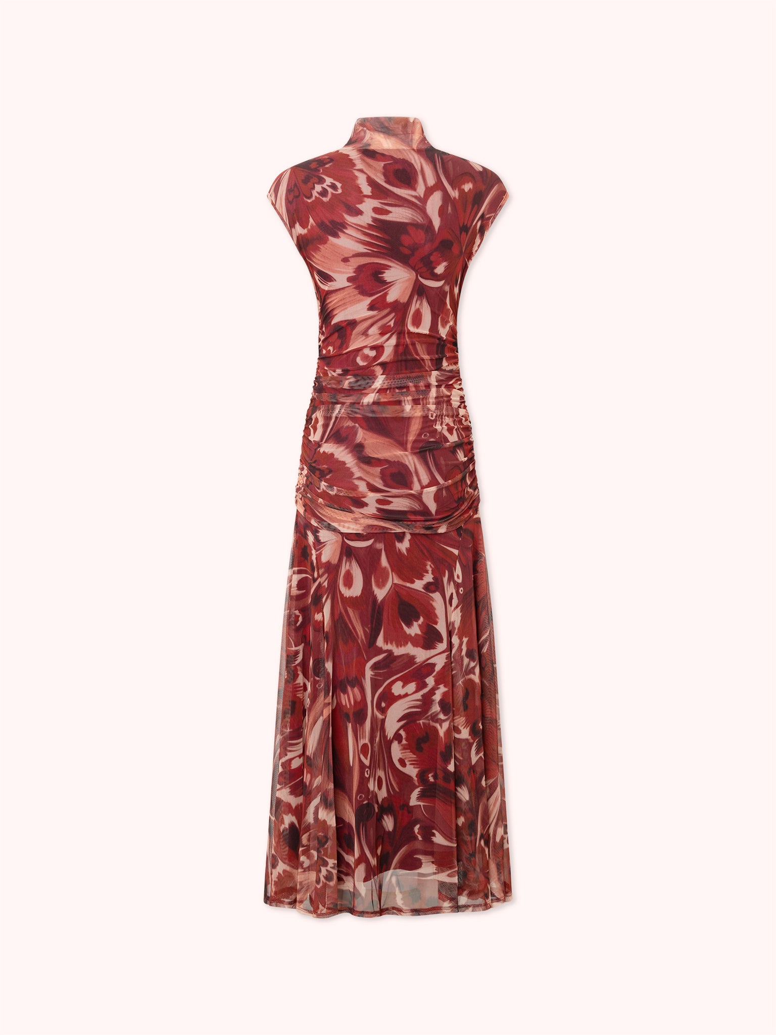 VESTIDO DRAPEADO DE TUL ESTAMPADO GRANATE