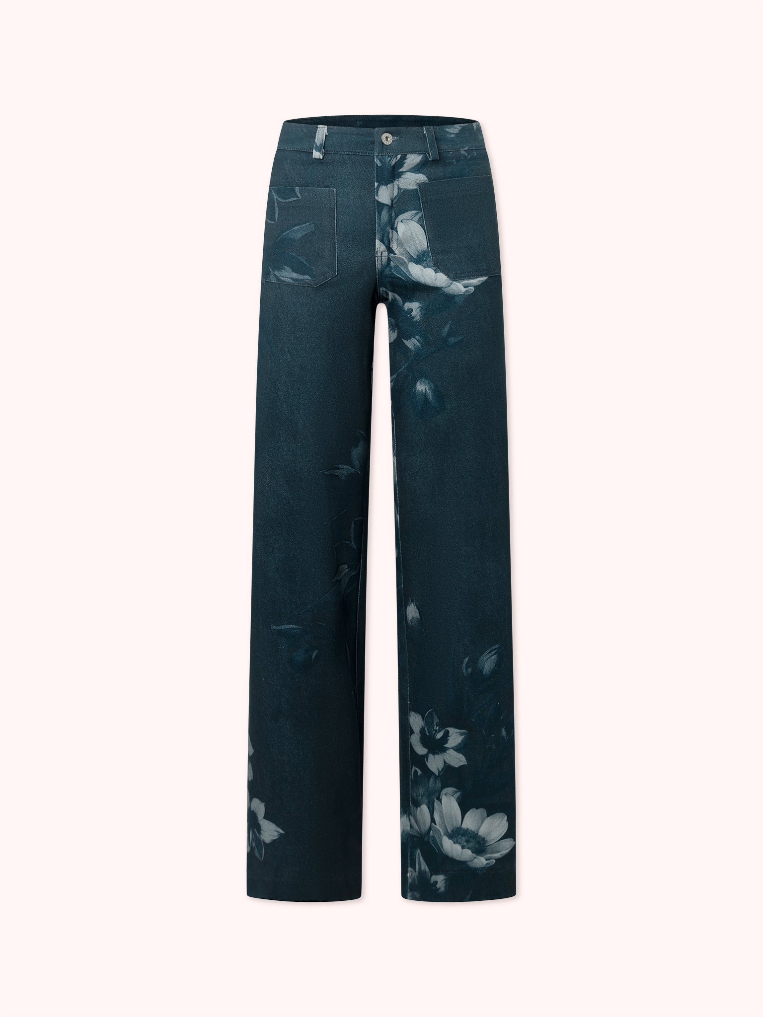 PANTALÓN FLARE CON ESTAMPADO FLORAL AZUL MARINO