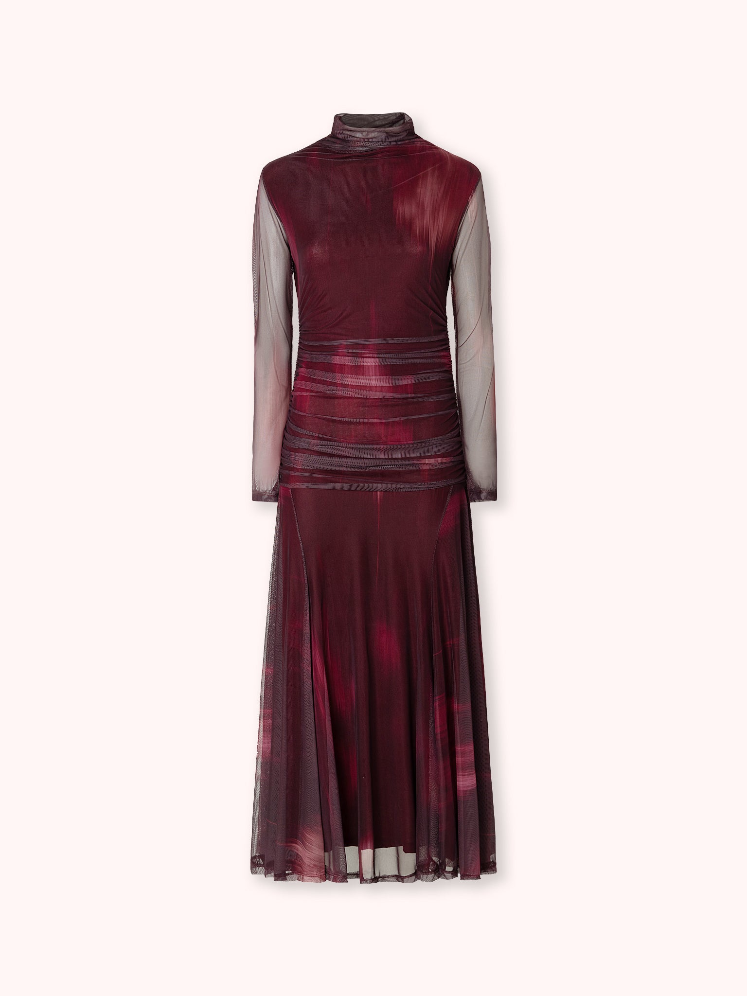 VESTIDO MIDI ESTAMPADO CON DRAPEADO BURDEOS