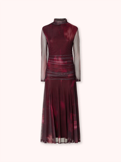 VESTIDO CUELLO ALTO CON DRAPEADO BURDEOS