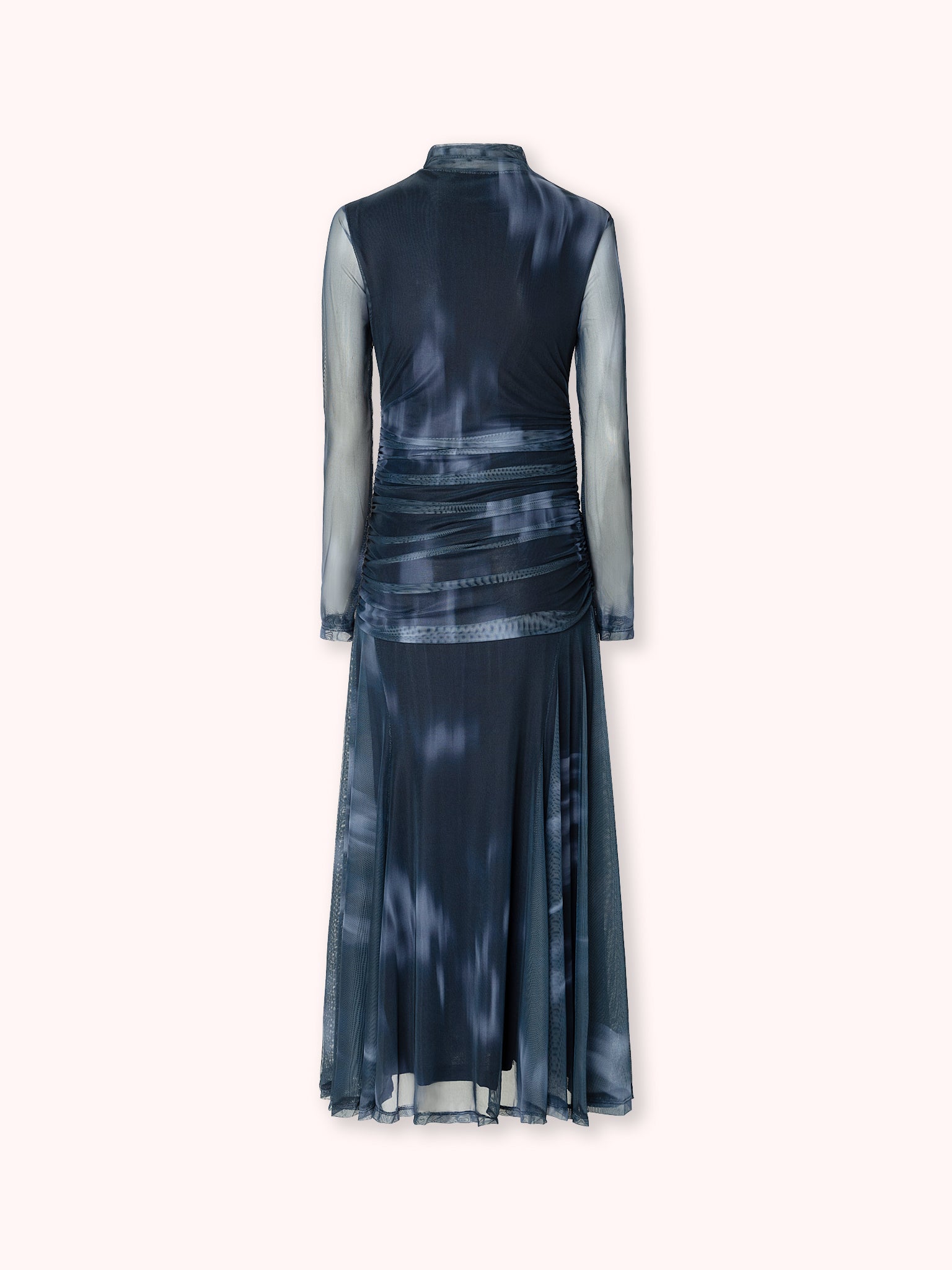 VESTIDO MIDI ESTAMPADO CON DRAPEADO AZUL MARINO