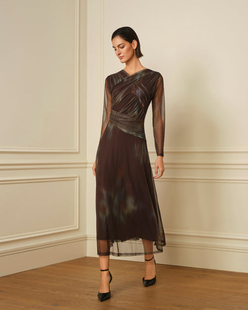 VESTIDO DE TUL CON DRAPEADO CRUZADO MARRÓN