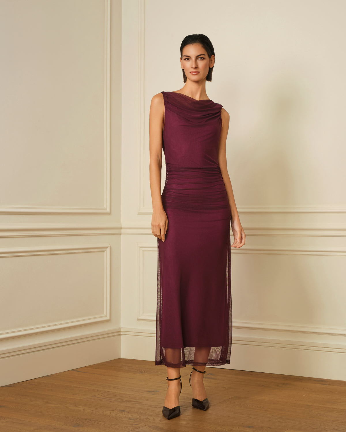 VESTIDO DE TUL CON ESCOTE DRAPEADO VIOLETA