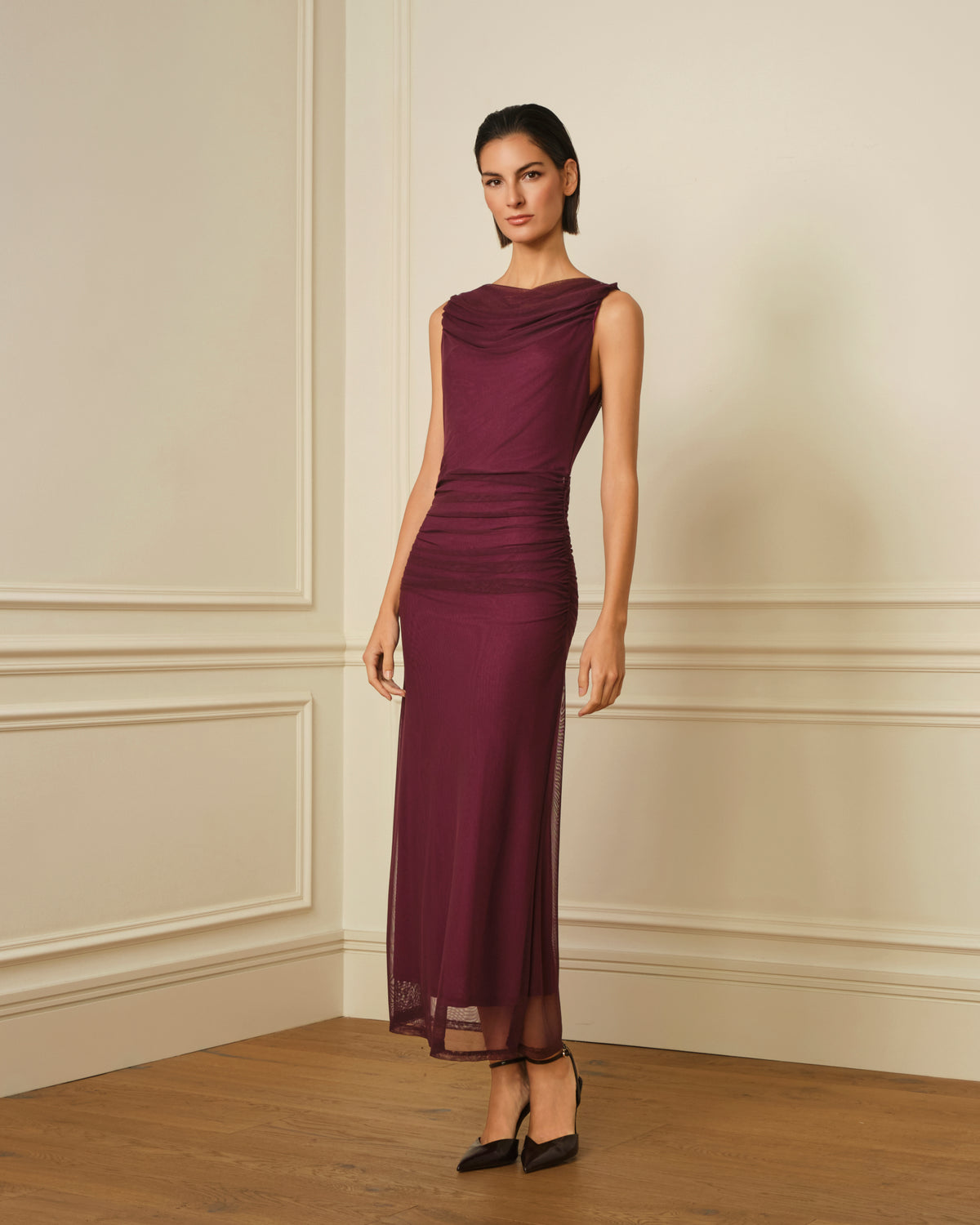 VESTIDO DE TUL CON ESCOTE DRAPEADO VIOLETA