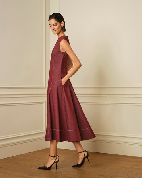 VESTIDO MIDI DENIM CON COSTURAS VISTAS GRANATE
