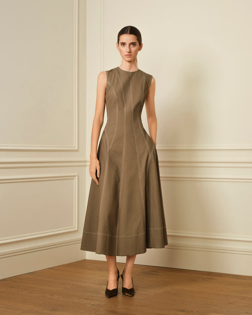 VESTIDO MIDI DENIM CON COSTURAS VISTAS TAUPE