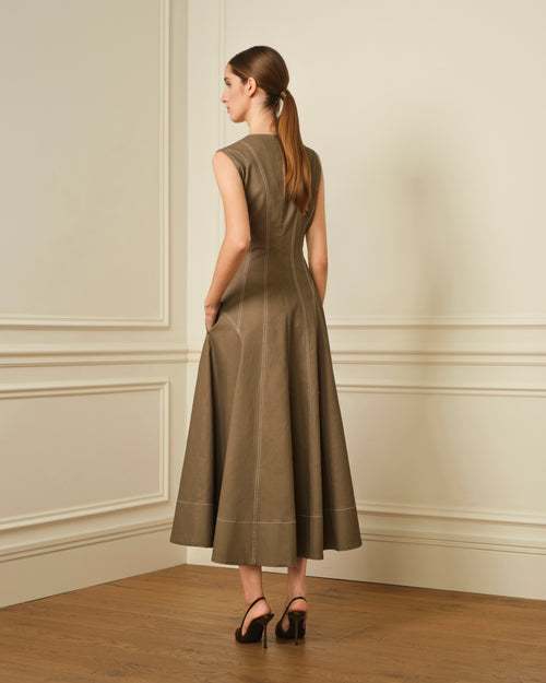 VESTIDO MIDI DENIM CON COSTURAS VISTAS TAUPE