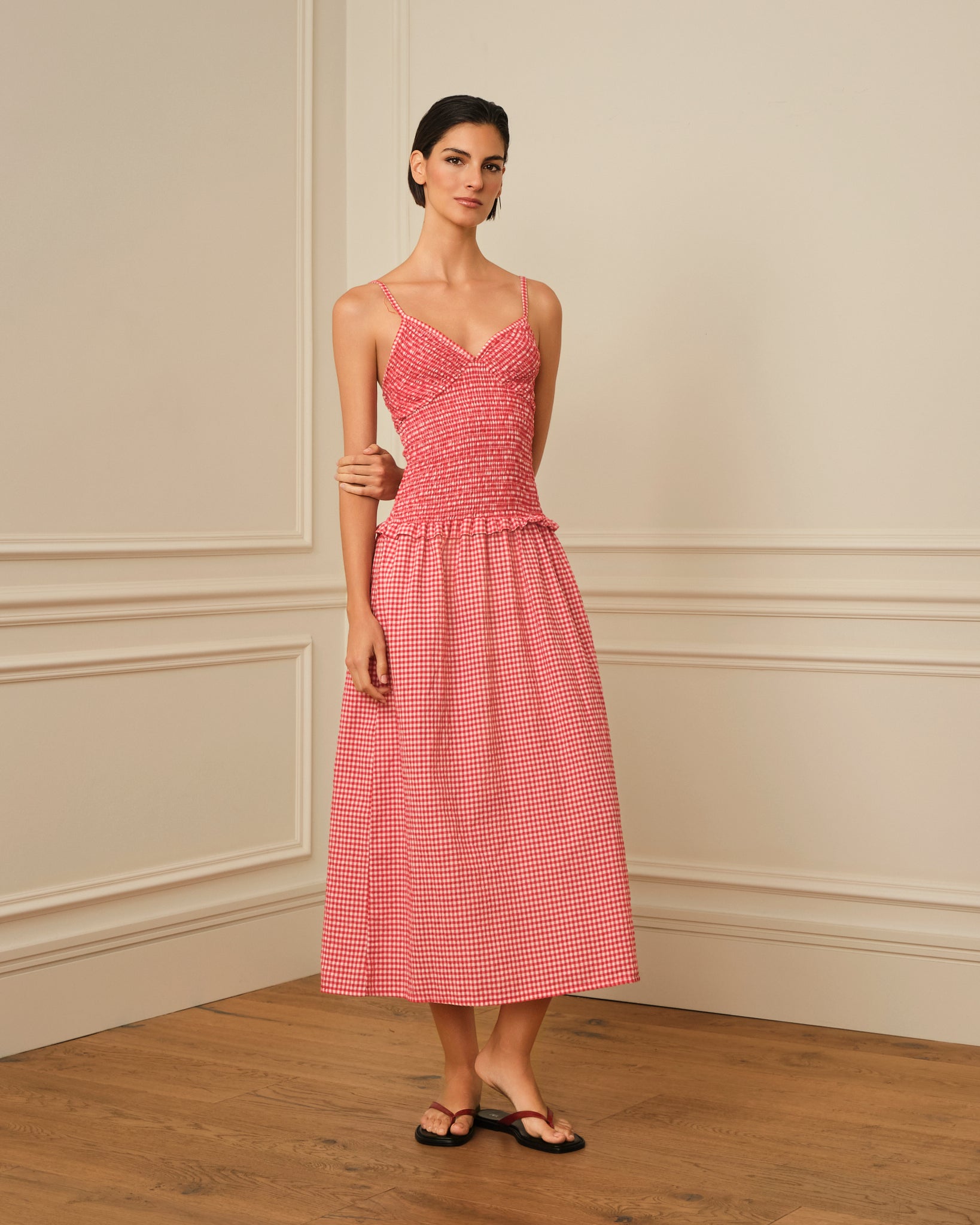 VESTIDO DE TIRANTES CON ESTAMPADO VICHY ROJO