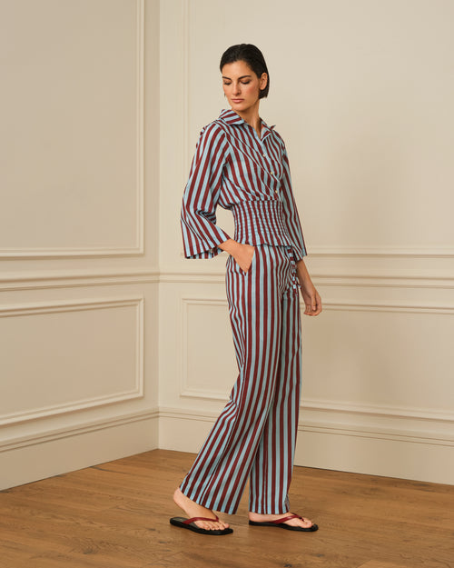 PANTALÓN DE RAYAS BURDEOS Y CELESTE