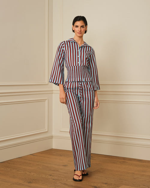 CAMISA NIDO DE ABEJA CON BURDEOS Y CELESTE