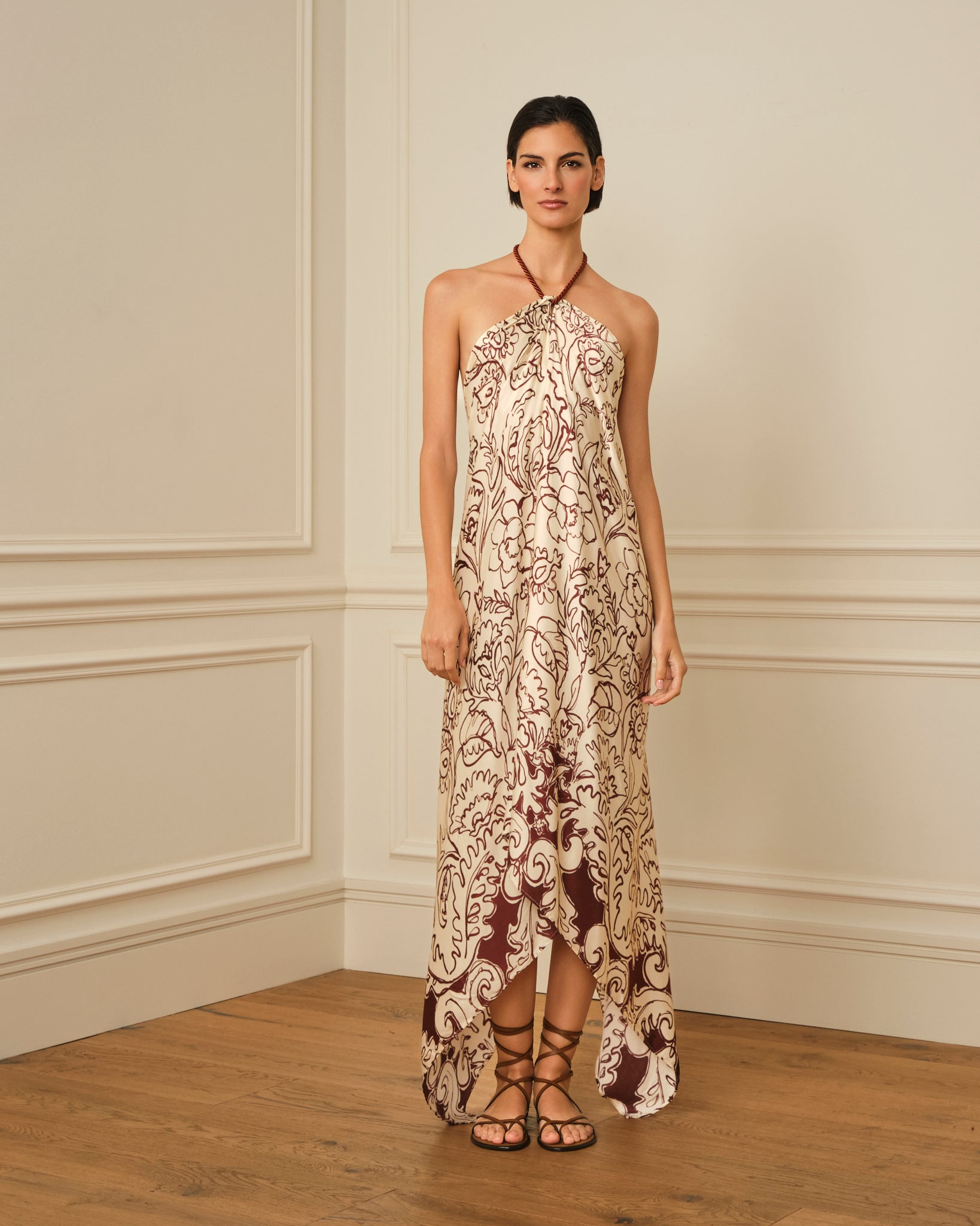 VESTIDO HALTER ASIMETRICO ESTAMPADO CRUDO