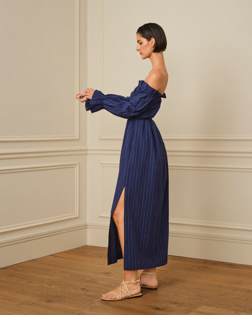 VESTIDO BARDOT ESTAMPADO RAYAS AZUL