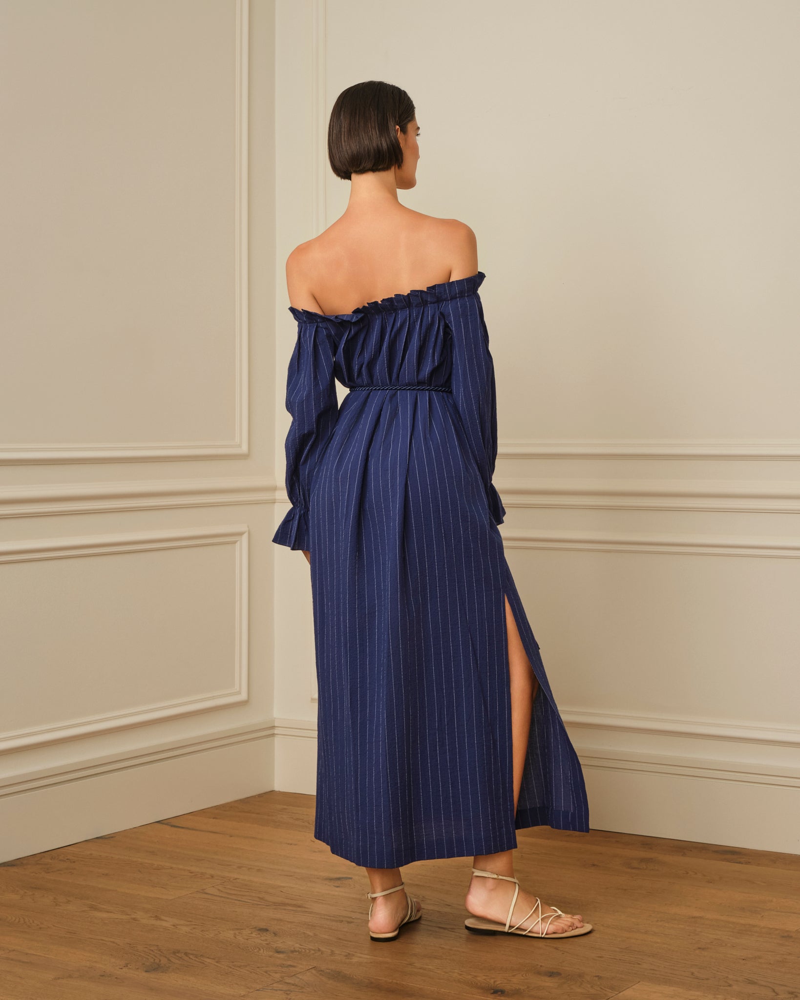 VESTIDO BARDOT ESTAMPADO RAYAS AZUL