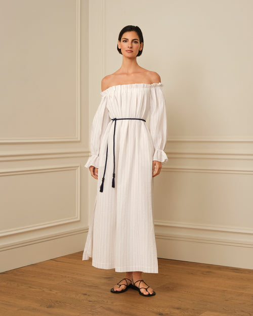 VESTIDO BARDOT ESTAMPADO RAYAS BLANCO