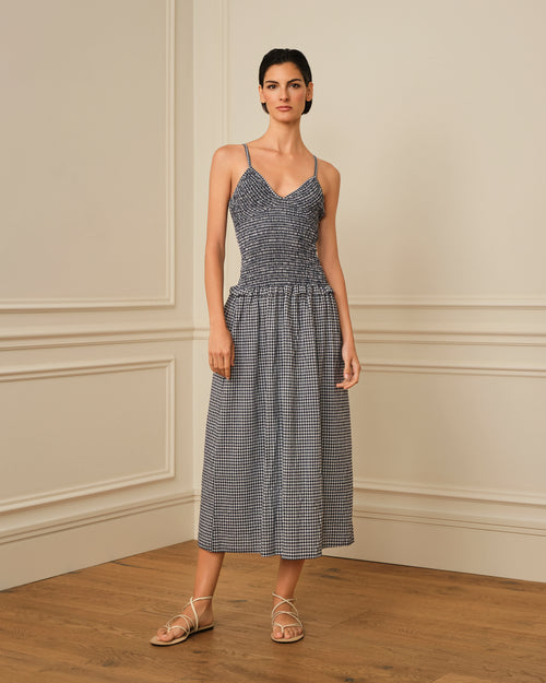 VESTIDO DE TIRANTES CON ESTAMPADO DE VICHY AZUL MARINO