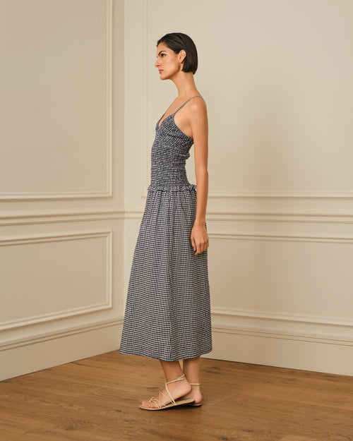VESTIDO DE TIRANTES CON ESTAMPADO DE VICHY AZUL MARINO