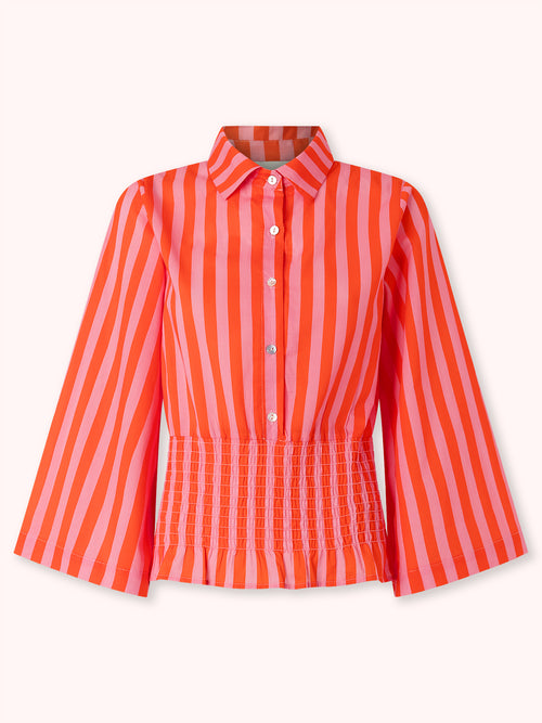 CAMISA NIDO DE ABEJA CON RAYAS ROSA Y NARANJA
