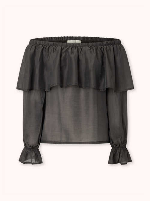 BLUSA OFF SHOULDER CON VOLANTE MARRÓN