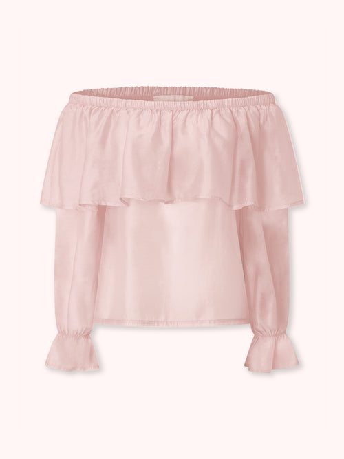 BLUSA OFF SHOULDER CON VOLANTE ROSA