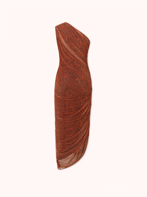 VESTIDO ASIMÉTRICO CON DRAPEADO EN TUL TEJA
