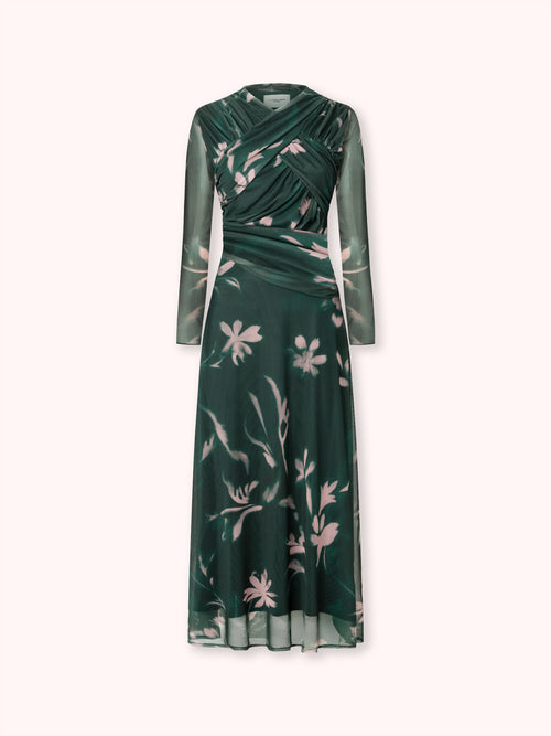 VESTIDO MANGA LARGA CON ESTAMPADO FLORAL VERDE