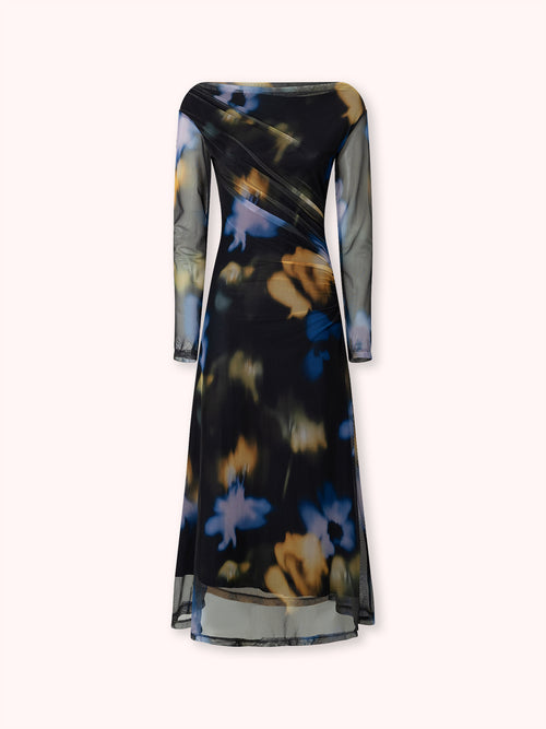 VESTIDO MANGA LARGA DRAPEADO CON ESTAMPADO