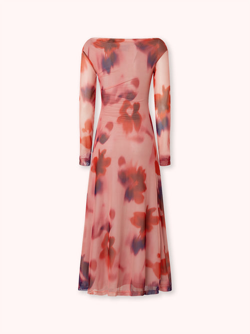 VESTIDO MANGA LARGA DRAPEADO CON ESTAMPADO ROSA