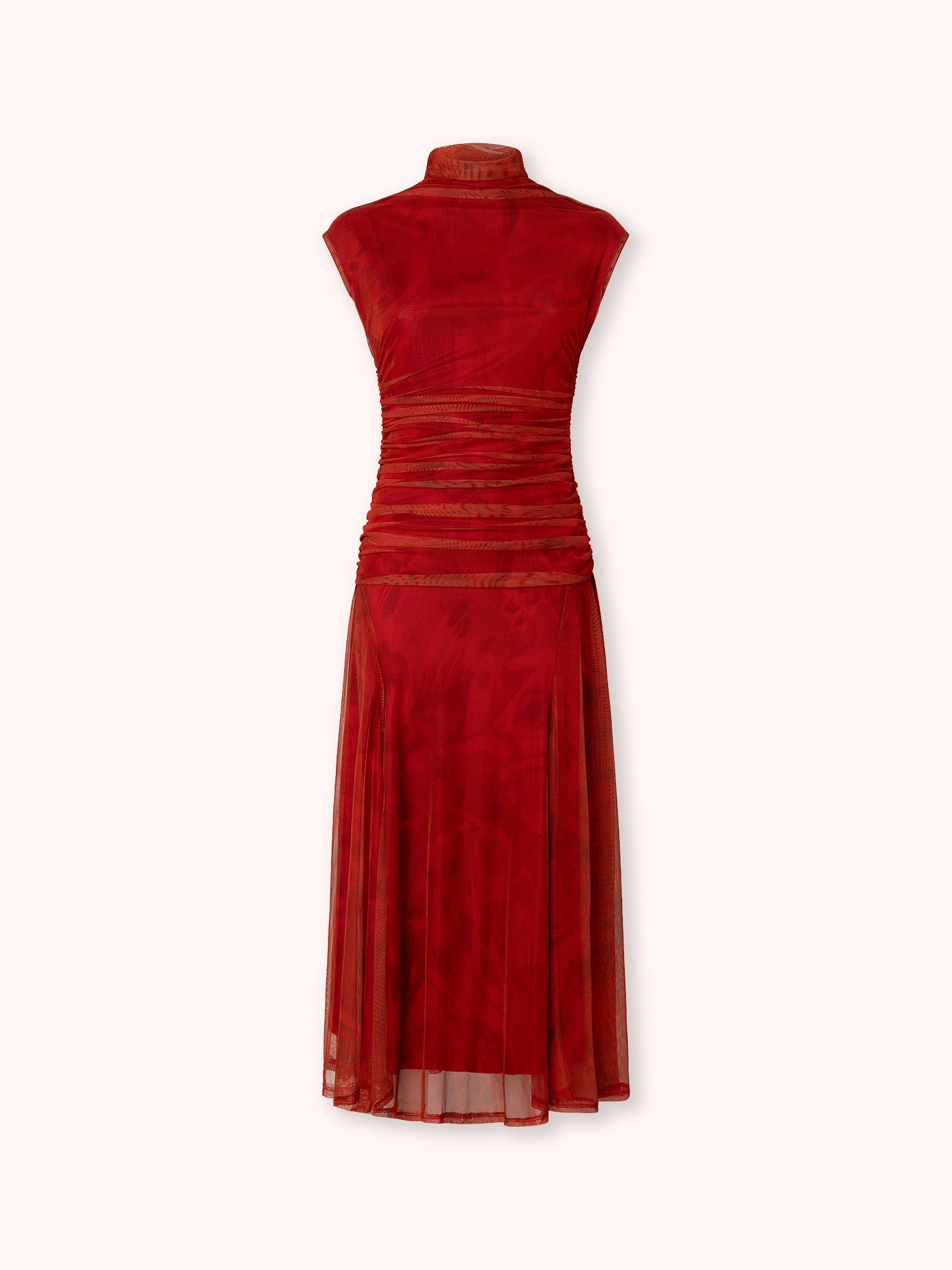 VESTIDO DRAPEADO DE TUL ESTAMPADO ROJO