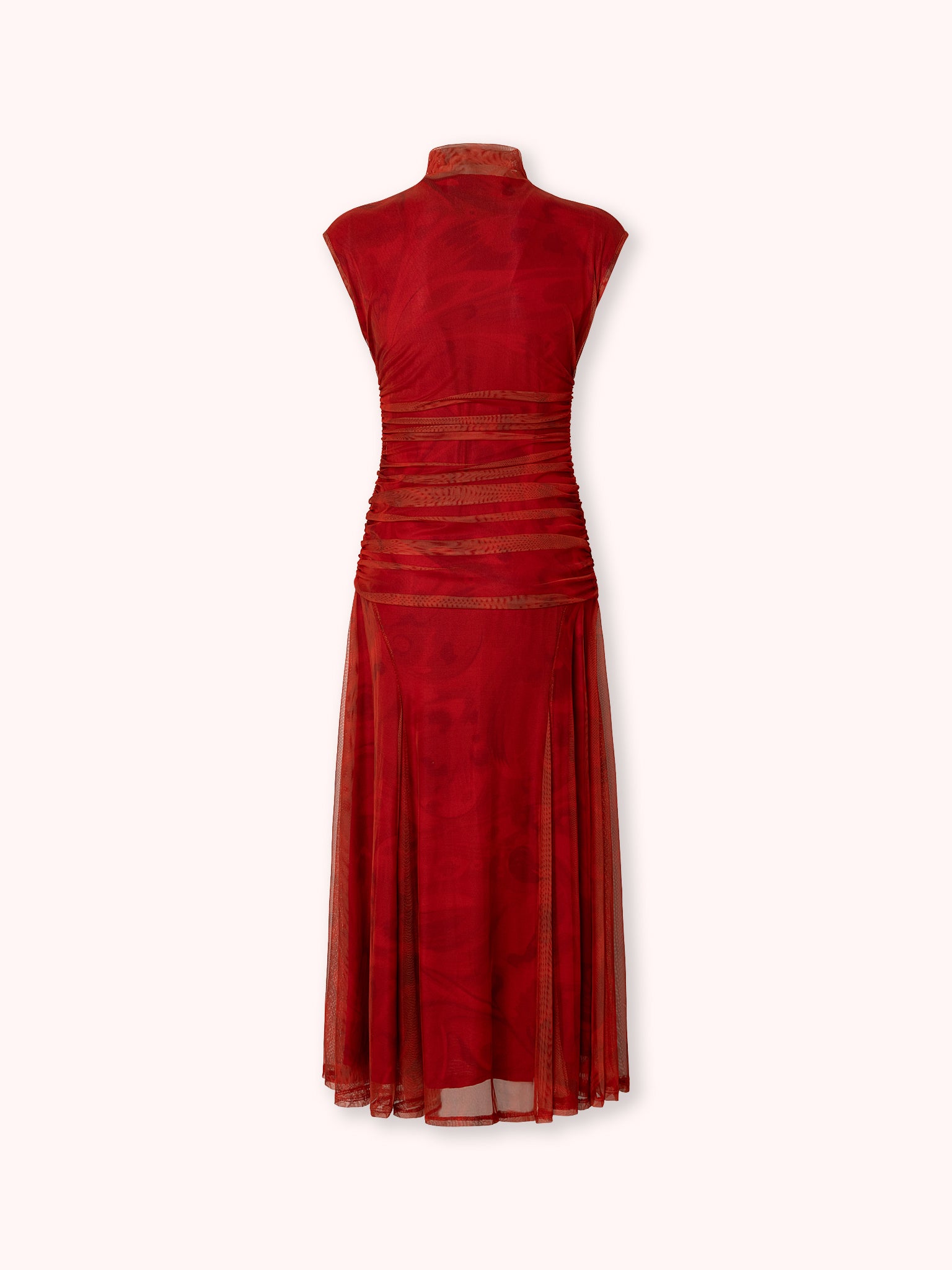 VESTIDO DRAPEADO DE TUL ESTAMPADO ROJO