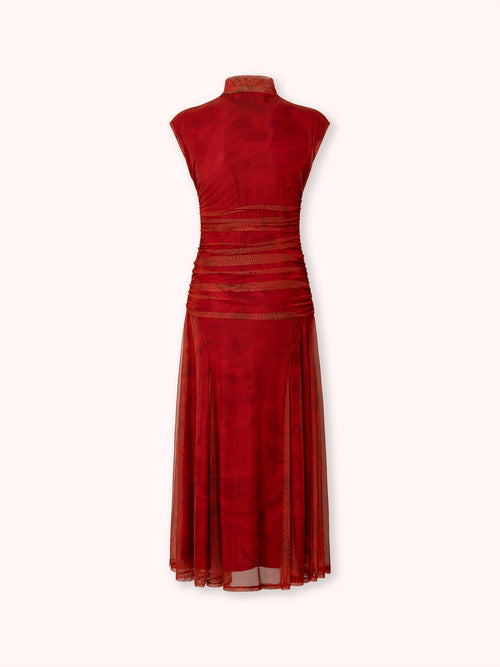 VESTIDO DRAPEADO DE TUL ESTAMPADO ROJO