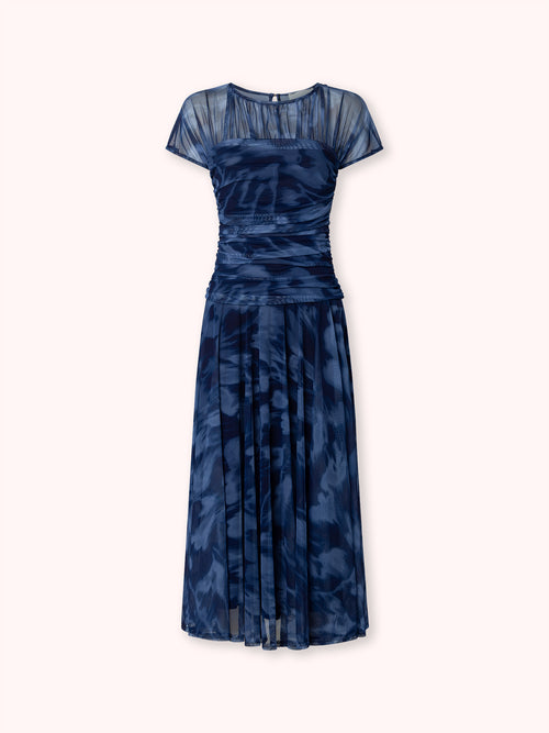 VESTIDO DRAPEADO DE TUL ESTAMPADO AZUL MARINO