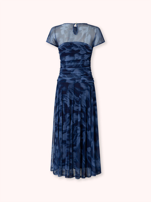 VESTIDO DRAPEADO DE TUL ESTAMPADO AZUL MARINO