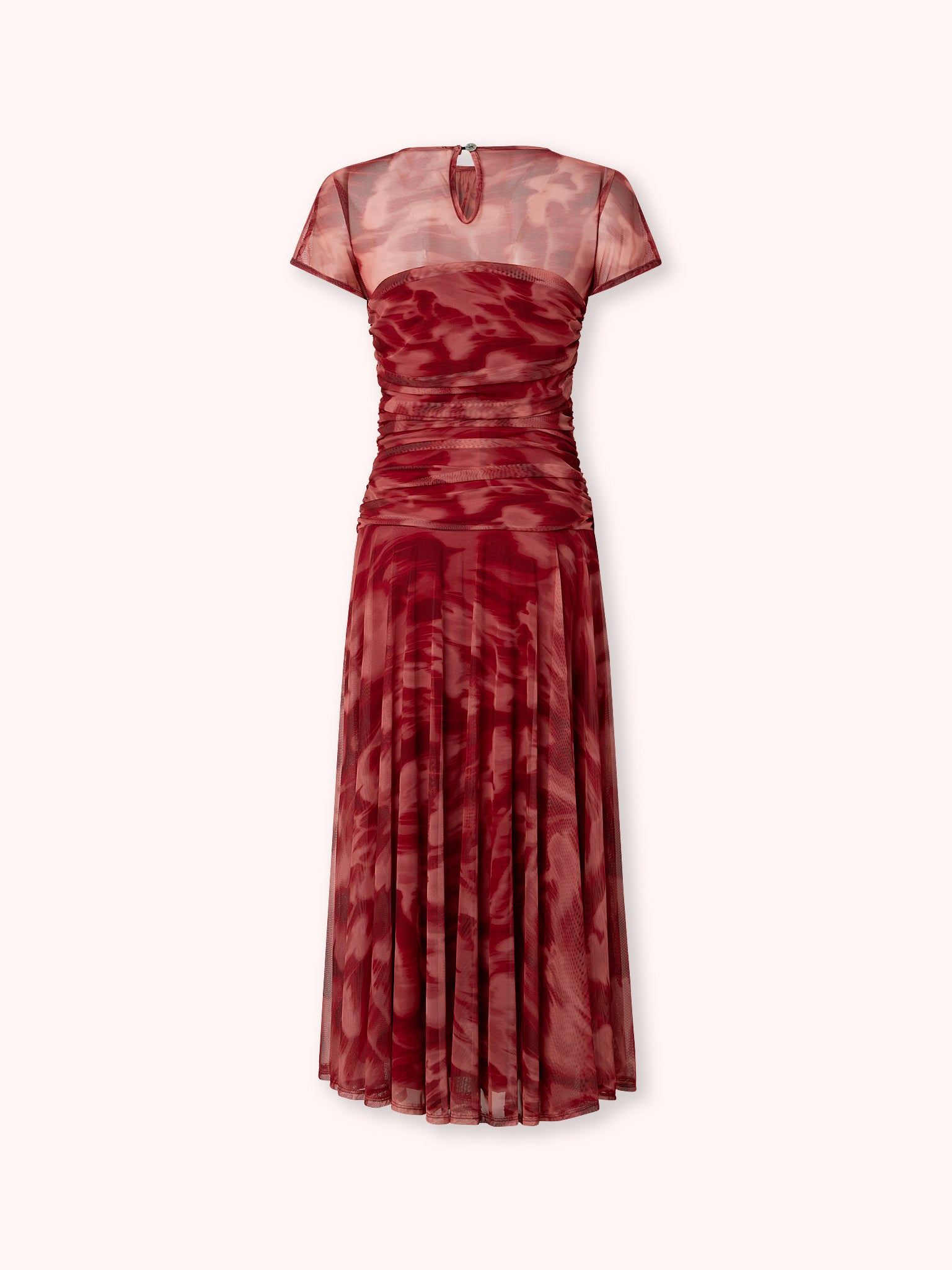 VESTIDO MIDI DRAPEADO DE TUL ESTAMPADO ROJO