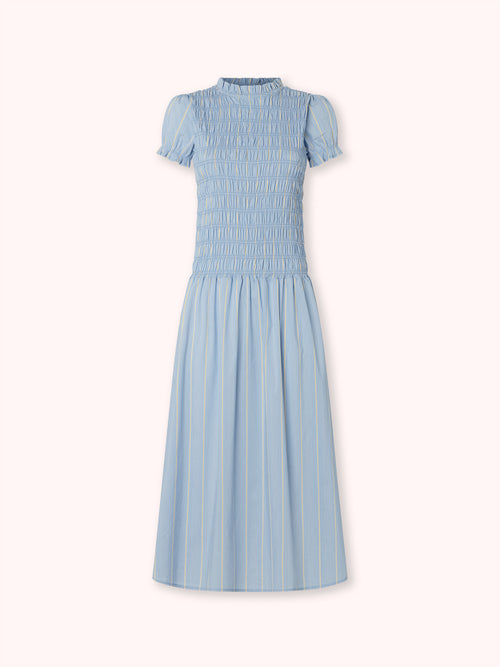 VESTIDO LARGO FRUNCIDO DE RAYAS AZUL