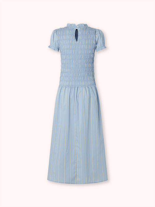 VESTIDO LARGO FRUNCIDO DE RAYAS AZUL
