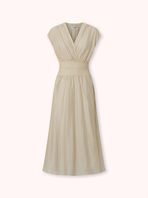 VESTIDO MIDI CON ESTAMPADO DE RAYAS BEIGE