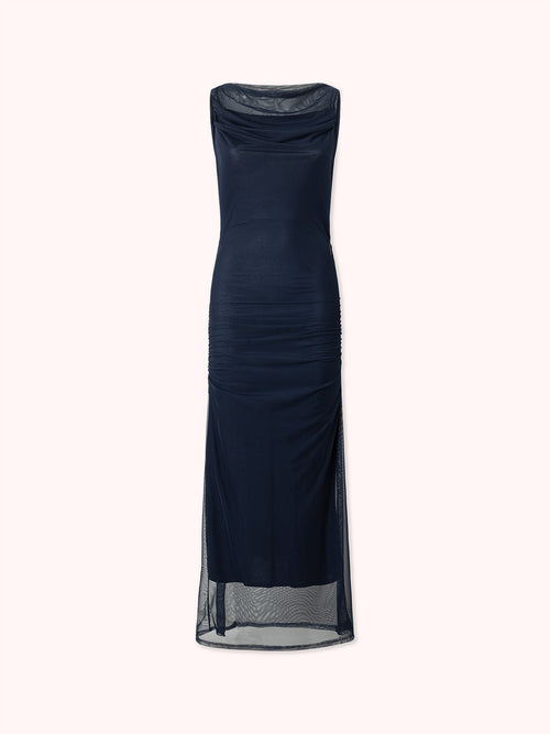 VESTIDO DE TUL CON ESCOTE DRAPEADO AZUL
