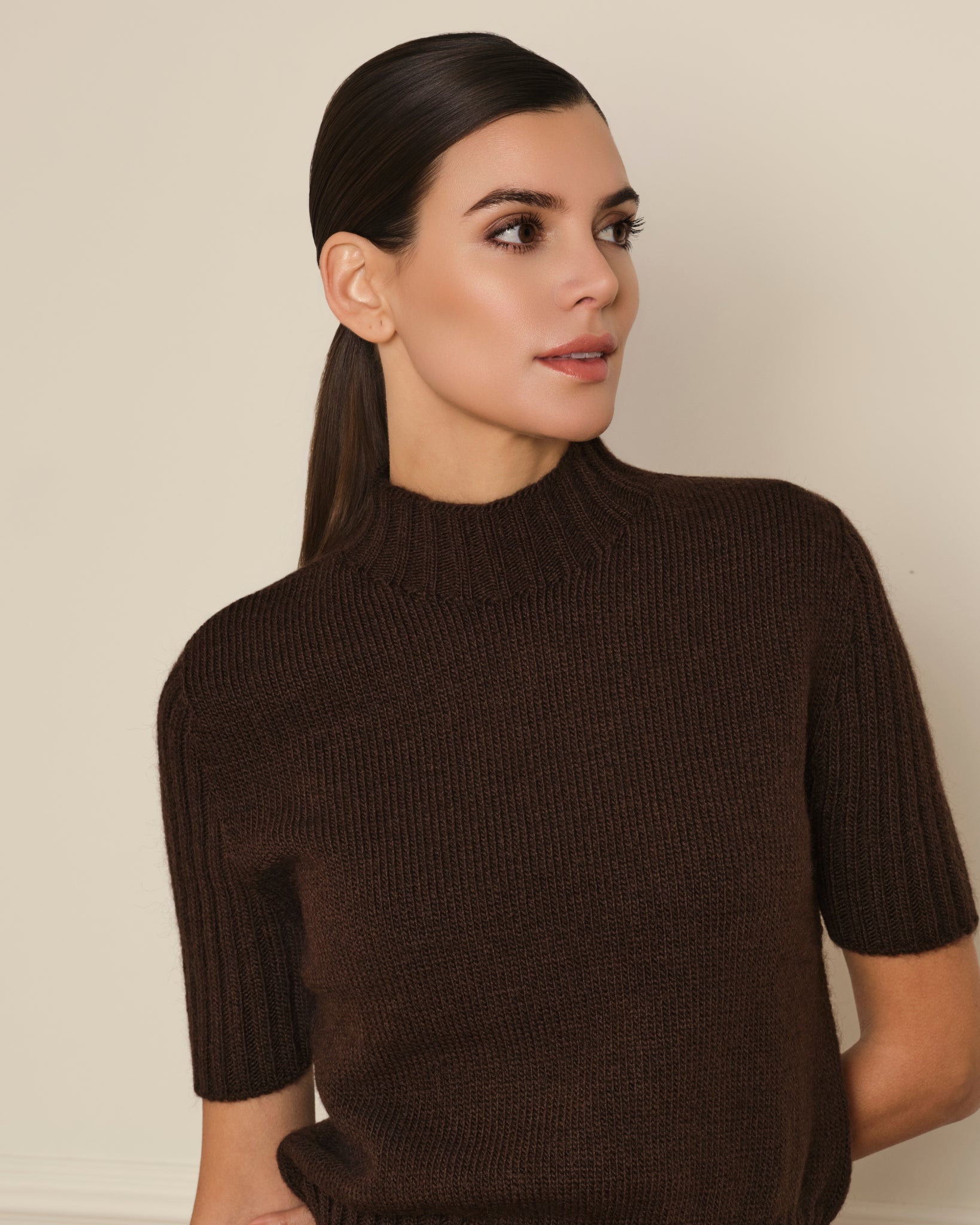 SUÉTER MANGA CORTA CON CUELLO ALTO MARRÓN