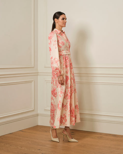 VESTIDO CAMISERO CON CINTURÓN ESTAMPADO ROSA