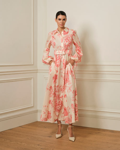 VESTIDO CAMISERO CON CINTURÓN ESTAMPADO ROSA