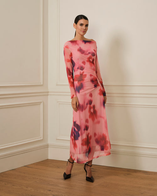 VESTIDO MANGA LARGA DRAPEADO CON ESTAMPADO ROSA