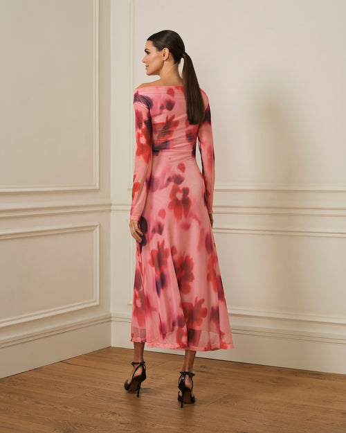 VESTIDO MANGA LARGA DRAPEADO CON ESTAMPADO ROSA