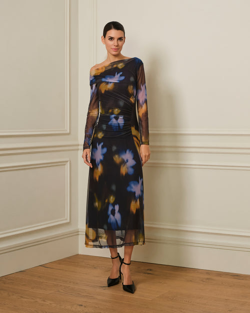 VESTIDO MANGA LARGA DRAPEADO CON ESTAMPADO