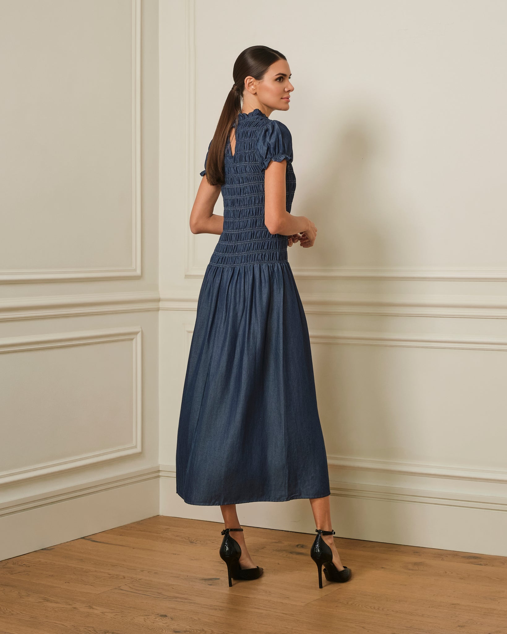 VESTIDO LARGO FRUNCIDO DENIM