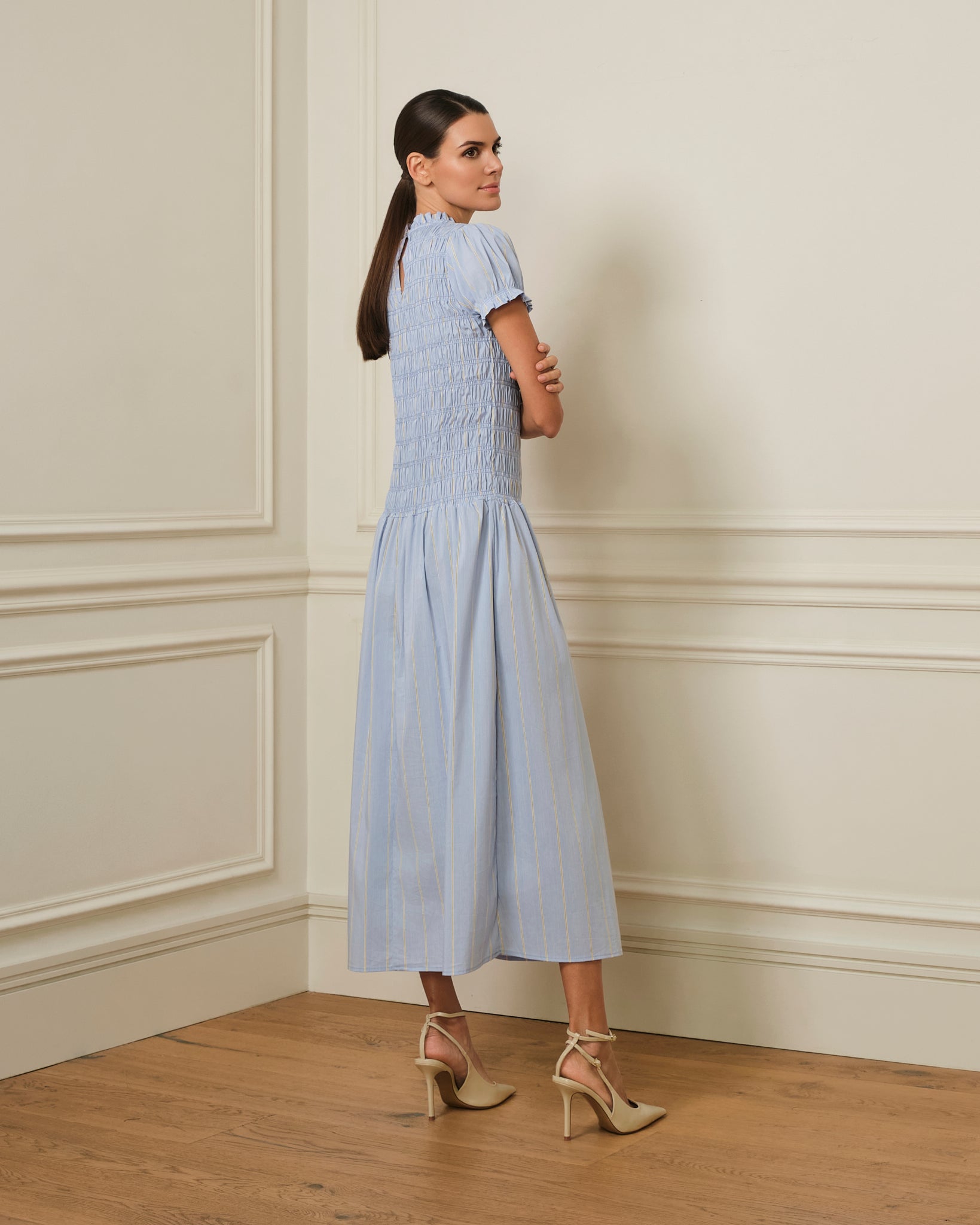 VESTIDO LARGO FRUNCIDO DE RAYAS AZUL