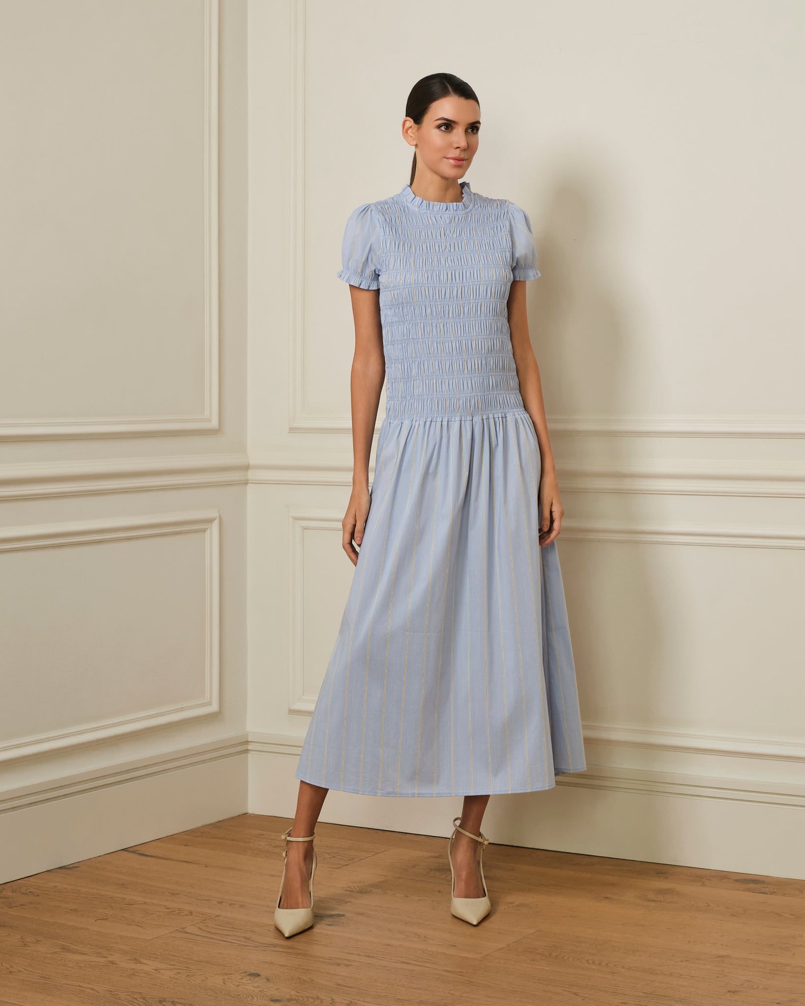 VESTIDO LARGO FRUNCIDO DE RAYAS AZUL