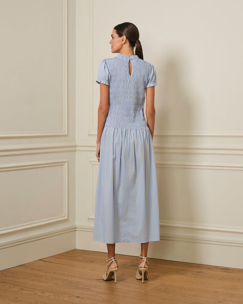 VESTIDO LARGO FRUNCIDO DE RAYAS AZUL