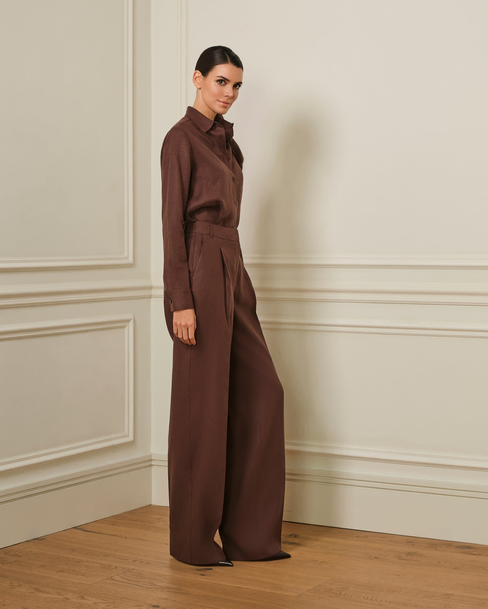 CAMISA MANGA LARGA DE LINO MARRÓN