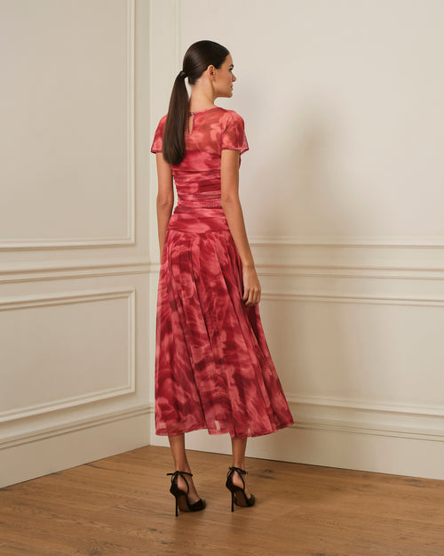 VESTIDO DRAPEADO DE TUL ESTAMPADO ROJO